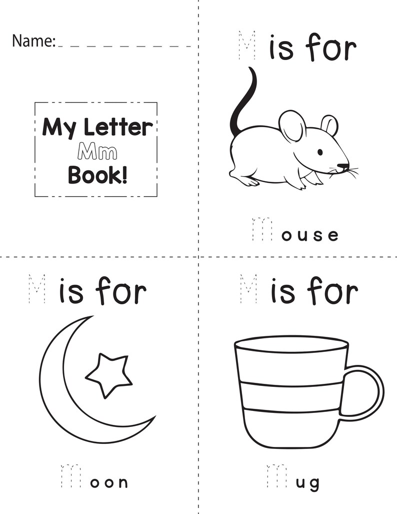 A printable coloring worksheet for the letter M featuring a mouse, a moon, and a mug with tracing lines.