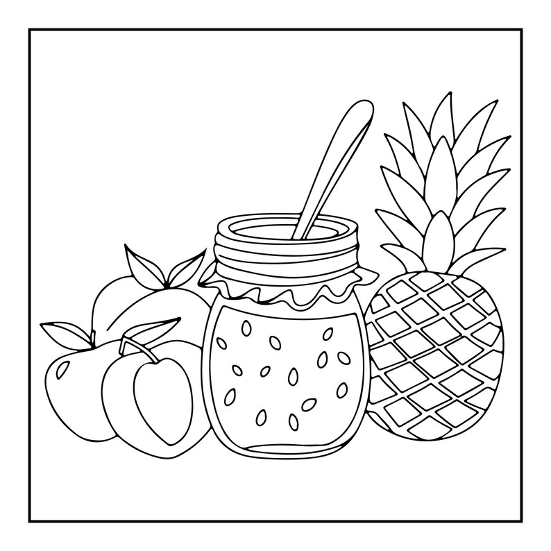 Pu&ograve; includere: Un'illustrazione in bianco e nero a linee che mostra un barattolo di vetro centrale riempito di marmellata con un cucchiaio, affiancato da due frutti arrotondati a sinistra e un ananas strutturato a destra, il tutto in una cornice quadrata.