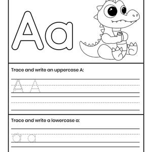 Pu&ograve; includere: Una scheda didattica in bianco e nero con il testo Color the letters Aa and an Alligator, una grande lettera A maiuscola e una a minuscola, un alligatore a cartoni animati e sezioni per tracciare e scrivere le lettere A e a.