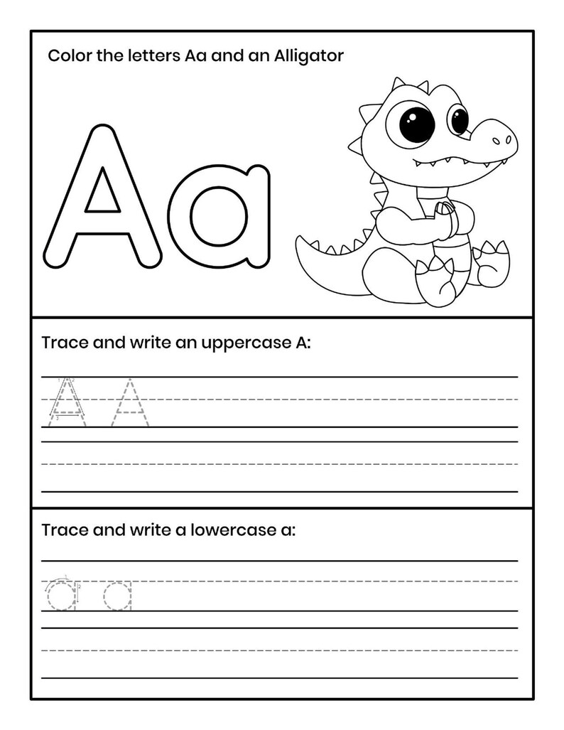 Pu&ograve; includere: Una scheda didattica in bianco e nero con il testo Color the letters Aa and an Alligator, una grande lettera A maiuscola e una a minuscola, un alligatore a cartoni animati e sezioni per tracciare e scrivere le lettere A e a.