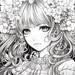 May include: A black and white line art illustration of a person with long wavy hair adorned with large floral clusters. The person features large eyes, a small nose, and a ruffled collar garment with intricate details and a central oval brooch.