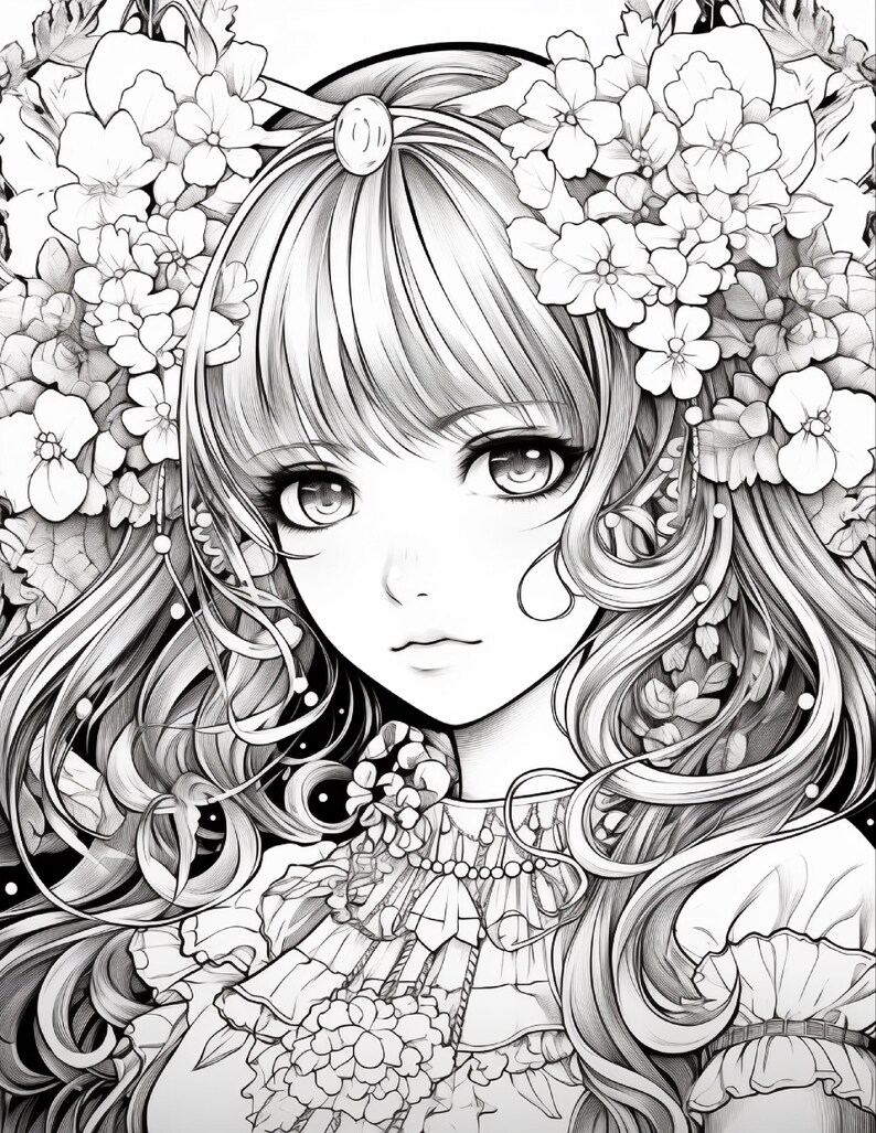 May include: A black and white line art illustration of a person with long wavy hair adorned with large floral clusters. The person features large eyes, a small nose, and a ruffled collar garment with intricate details and a central oval brooch.