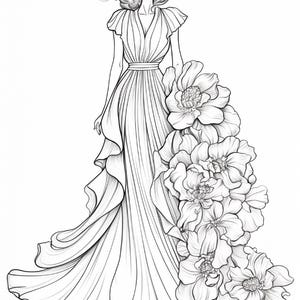 Pu&ograve; includere: Un'illustrazione a linee in bianco e nero di una figura che indossa un abito lungo fino ai piedi con scollo a V profondo, maniche a volant e vita stretta. La gonna presenta balze a cascata e un grande gruppo di fiori dettagliati.