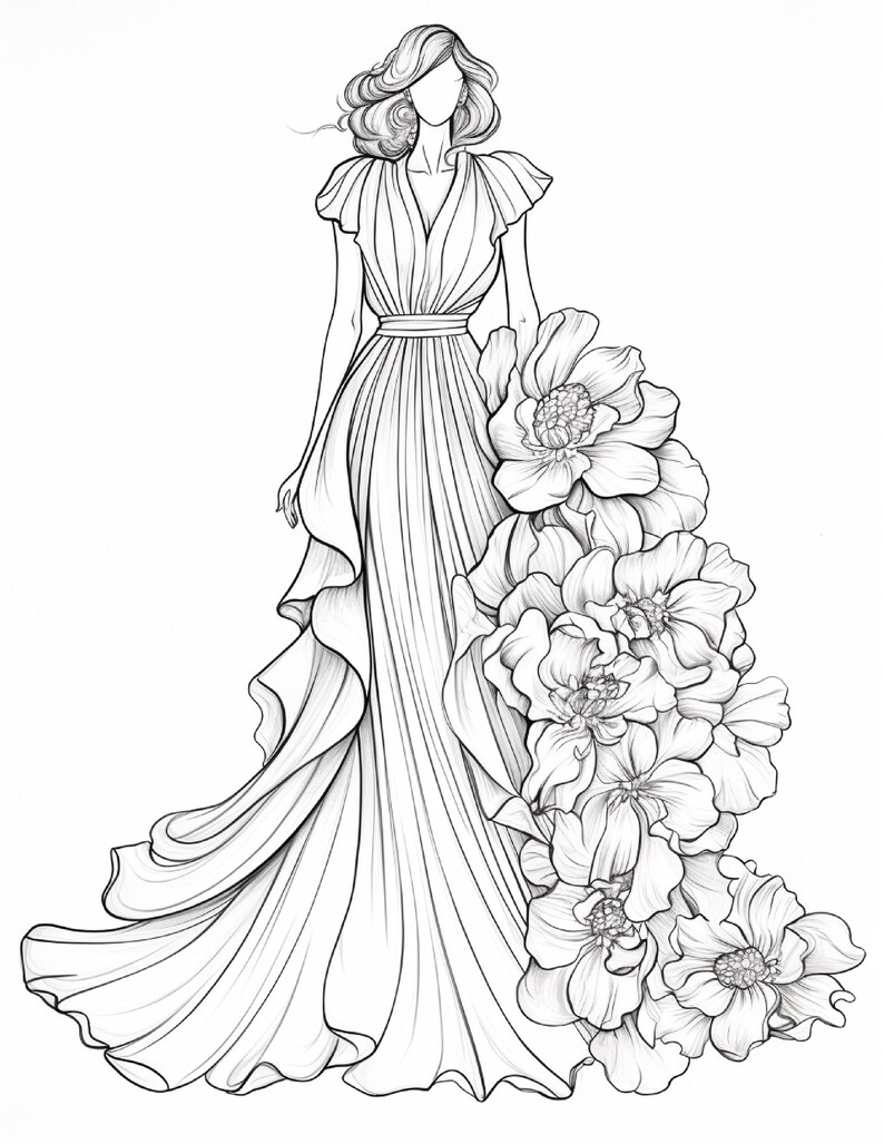 Pu&ograve; includere: Un'illustrazione a linee in bianco e nero di una figura che indossa un abito lungo fino ai piedi con scollo a V profondo, maniche a volant e vita stretta. La gonna presenta balze a cascata e un grande gruppo di fiori dettagliati.