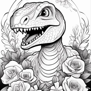 Pu&ograve; includere: Un'illustrazione in bianco e nero a tratto che raffigura la testa di un dinosauro raptor con la bocca aperta che mostra i denti, circondata da rose dettagliate, foglie e piccoli fiori, incorniciata in un design circolare per colorare.