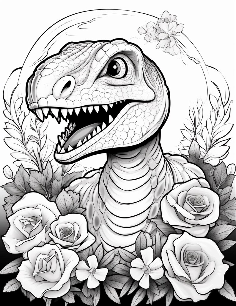 Pu&ograve; includere: Un'illustrazione in bianco e nero a tratto che raffigura la testa di un dinosauro raptor con la bocca aperta che mostra i denti, circondata da rose dettagliate, foglie e piccoli fiori, incorniciata in un design circolare per colorare.
