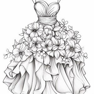 Pu&ograve; includere: Un'illustrazione a tratto in bianco e nero di un abito senza spalline con scollo a cuore e corpetto aderente. La gonna &egrave; decorata con una fitta disposizione di grandi fiori e foglie dettagliati, che sfumano in balze stratificate e fluide.
