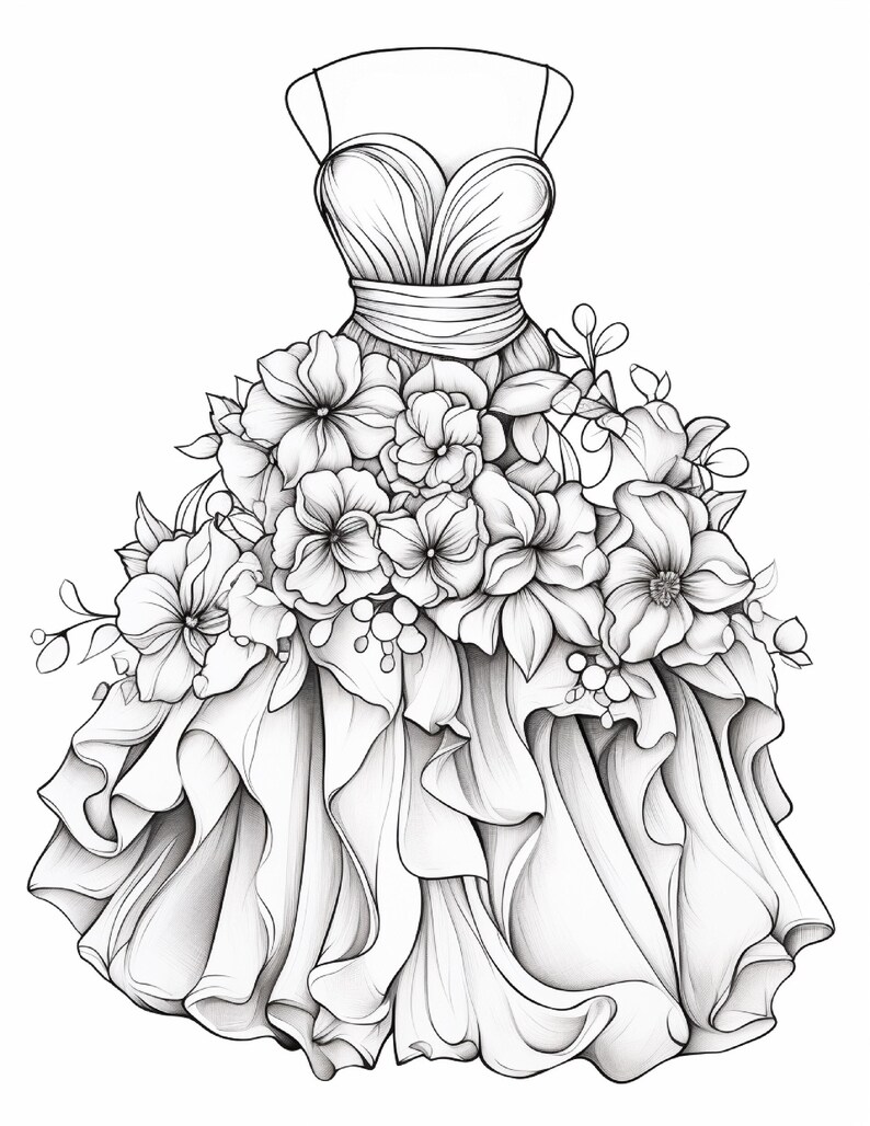 Pu&ograve; includere: Un'illustrazione a tratto in bianco e nero di un abito senza spalline con scollo a cuore e corpetto aderente. La gonna &egrave; decorata con una fitta disposizione di grandi fiori e foglie dettagliati, che sfumano in balze stratificate e fluide.