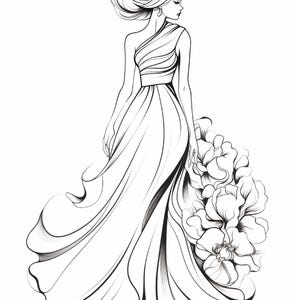 Pu&ograve; includere: Un'illustrazione a linee in bianco e nero di una figura che indossa un abito lungo e fluido monospalla con dettagli in tessuto drappeggiato. La figura &egrave; posizionata accanto a un grande gruppo di fiori dettagliati sul lato destro.