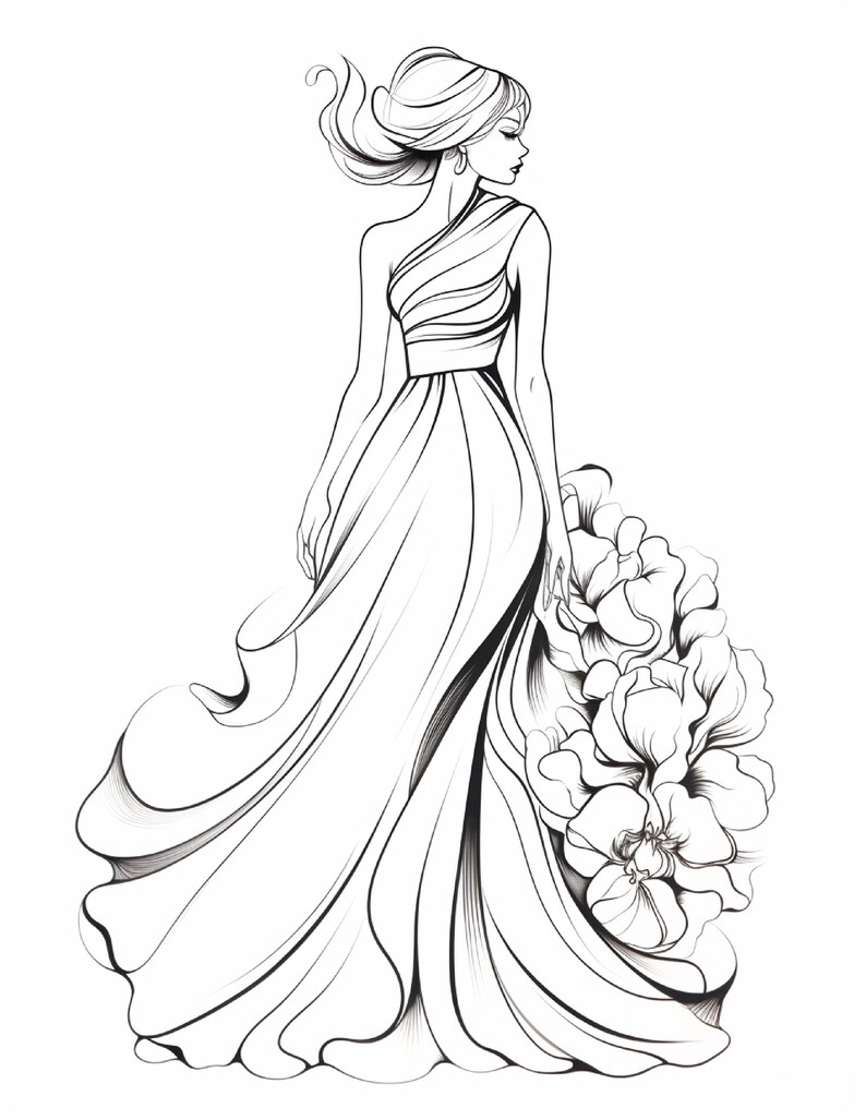 Pu&ograve; includere: Un'illustrazione a linee in bianco e nero di una figura che indossa un abito lungo e fluido monospalla con dettagli in tessuto drappeggiato. La figura &egrave; posizionata accanto a un grande gruppo di fiori dettagliati sul lato destro.