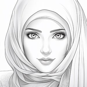K&ouml;nnte beinhalten: Eine schwarz-wei&szlig;e Strichzeichnung eines Gesichts mit Hijab. Die Zeichnung zeigt detaillierte Gesichtsz&uuml;ge, einschlie&szlig;lich definierter Augenbrauen, Wimpern und Lippen, wobei der Stoff der Kopfbedeckung um Kopf und Hals drapiert ist.