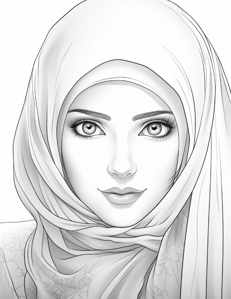 K&ouml;nnte beinhalten: Eine schwarz-wei&szlig;e Strichzeichnung eines Gesichts mit Hijab. Die Zeichnung zeigt detaillierte Gesichtsz&uuml;ge, einschlie&szlig;lich definierter Augenbrauen, Wimpern und Lippen, wobei der Stoff der Kopfbedeckung um Kopf und Hals drapiert ist.