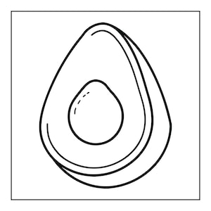 Op de afbeelding: Een zwart-wit lijntekening van een gehalveerde avocado. De afbeelding toont een dikke omtrek van de fruitvorm met een centrale pit en een klein gestippeld detail op het zaad, gepresenteerd als een eenvoudig grafisch icoon op een witte achtergrond.