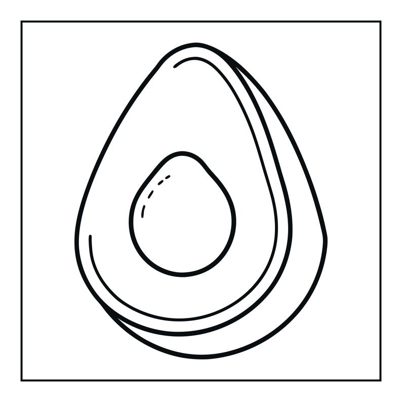 Op de afbeelding: Een zwart-wit lijntekening van een gehalveerde avocado. De afbeelding toont een dikke omtrek van de fruitvorm met een centrale pit en een klein gestippeld detail op het zaad, gepresenteerd als een eenvoudig grafisch icoon op een witte achtergrond.