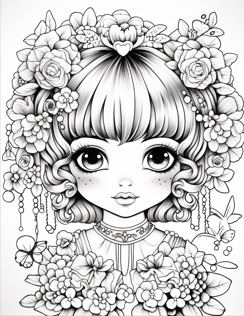Op de afbeelding: Een zwart-wit lijntekening van een personage met grote ogen en kort haar, versierd met een dichte kroon van diverse bloemen en bladeren. Het personage draagt een kraag met bloemmotief, aangevuld met vlinders en hangende kralen.
