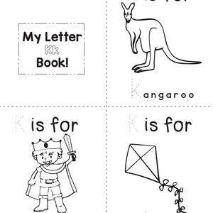 A printable coloring worksheet for the letter K featuring a kangaroo, a king, and a kite with tracing lines.