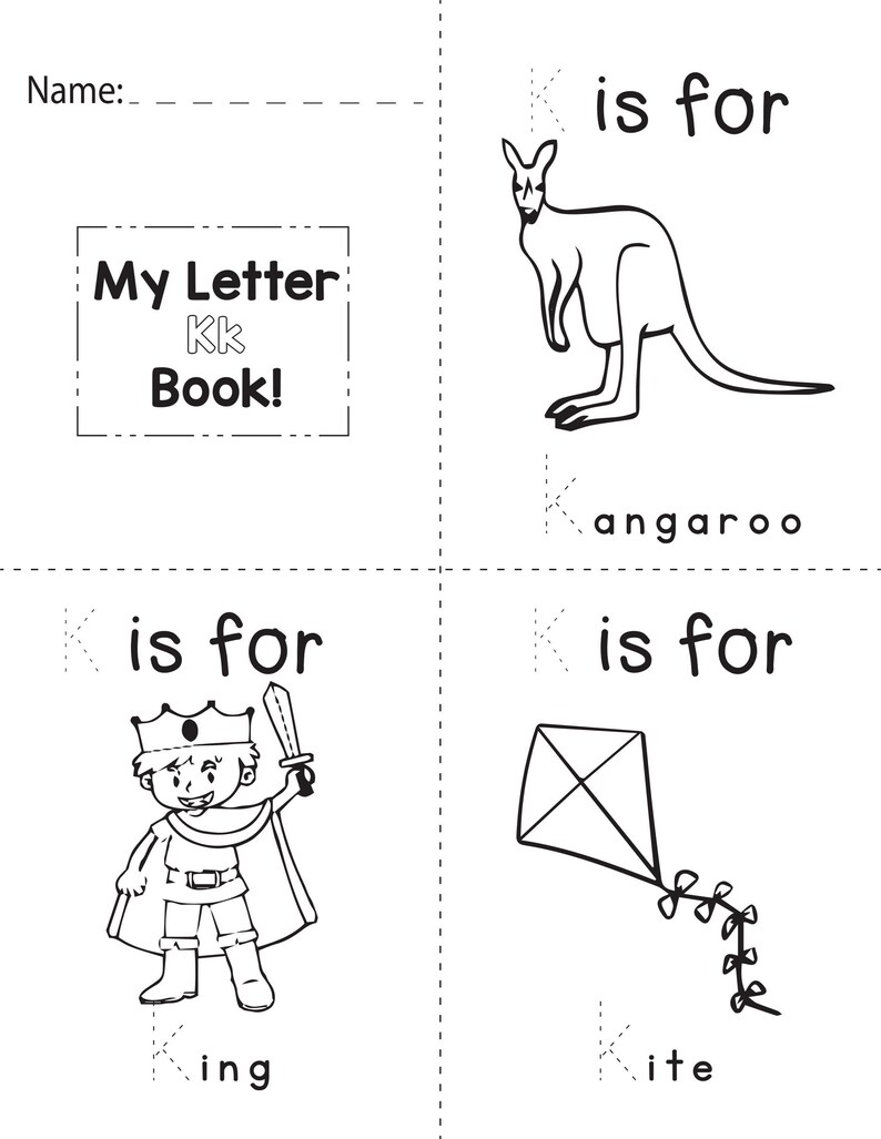 A printable coloring worksheet for the letter K featuring a kangaroo, a king, and a kite with tracing lines.