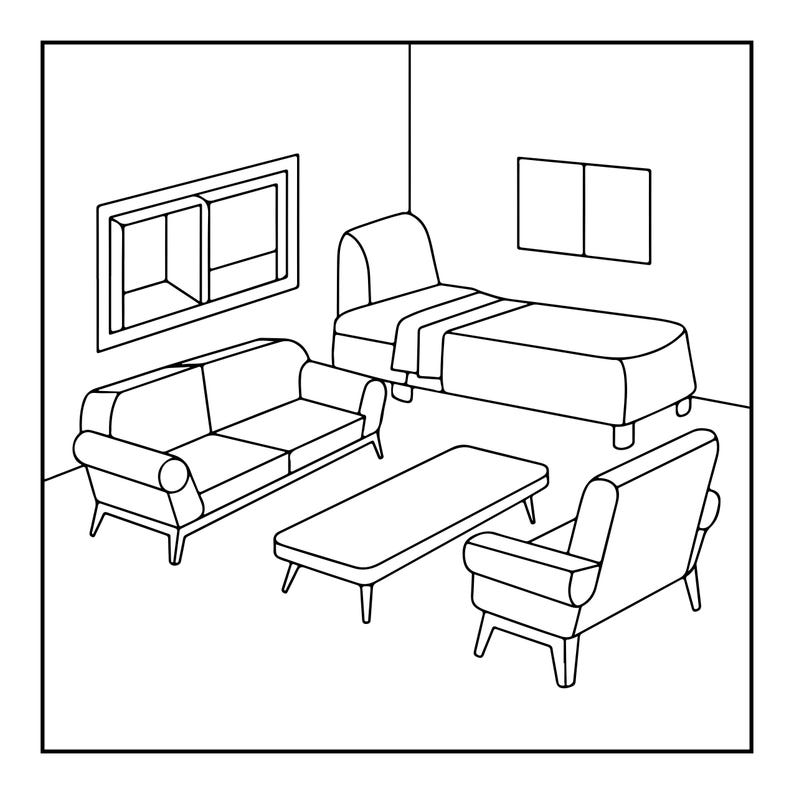 K&ouml;nnte beinhalten: Eine schwarz-wei&szlig;e Strichzeichnung eines Wohnzimmerinterieurs mit einem Sofa, einem Sessel, einem rechteckigen Couchtisch und einer Liege. Die Szene umfasst ein Wandregal und ein rechteckiges Fenster an der R&uuml;ckwand.