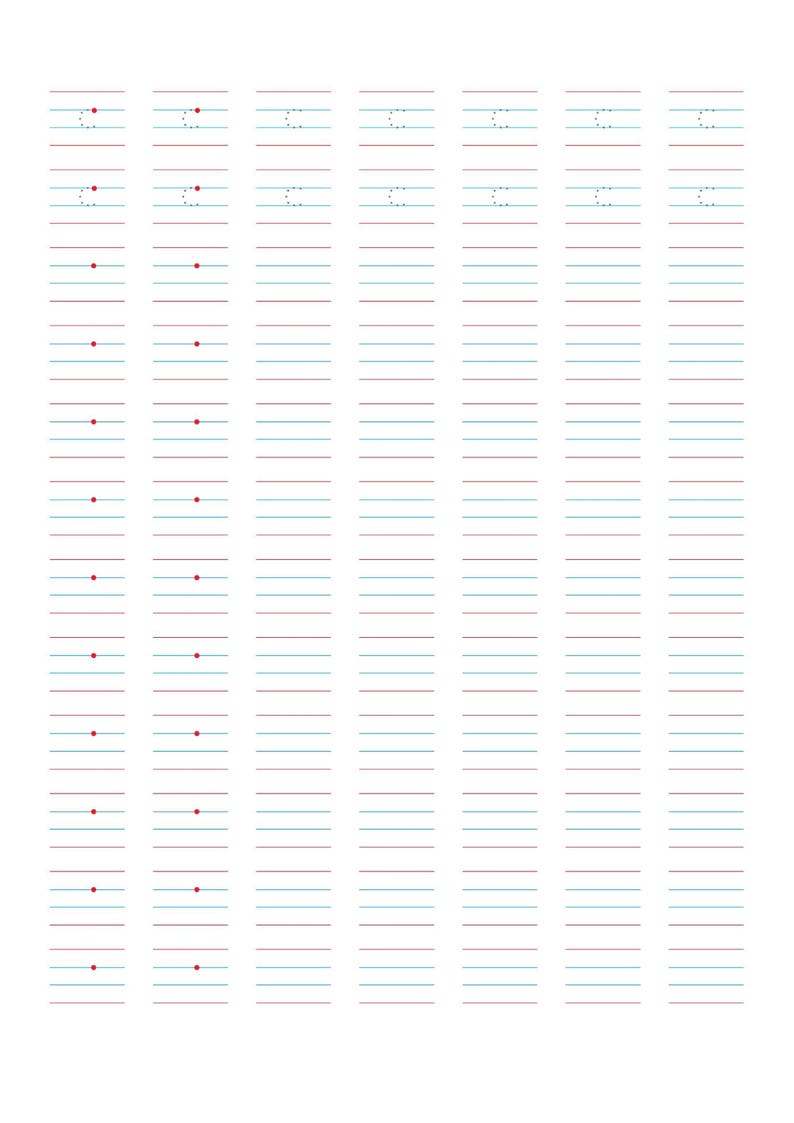 以下が含まれることがあります： 水平線が7列の垂直な列に並んだ筆記練習用ワークシート。上部の2行には、赤い始点が付いた文字Cの点線のアウトラインが含まれています。残りの行には、中央の線上に赤い点が配置されています。