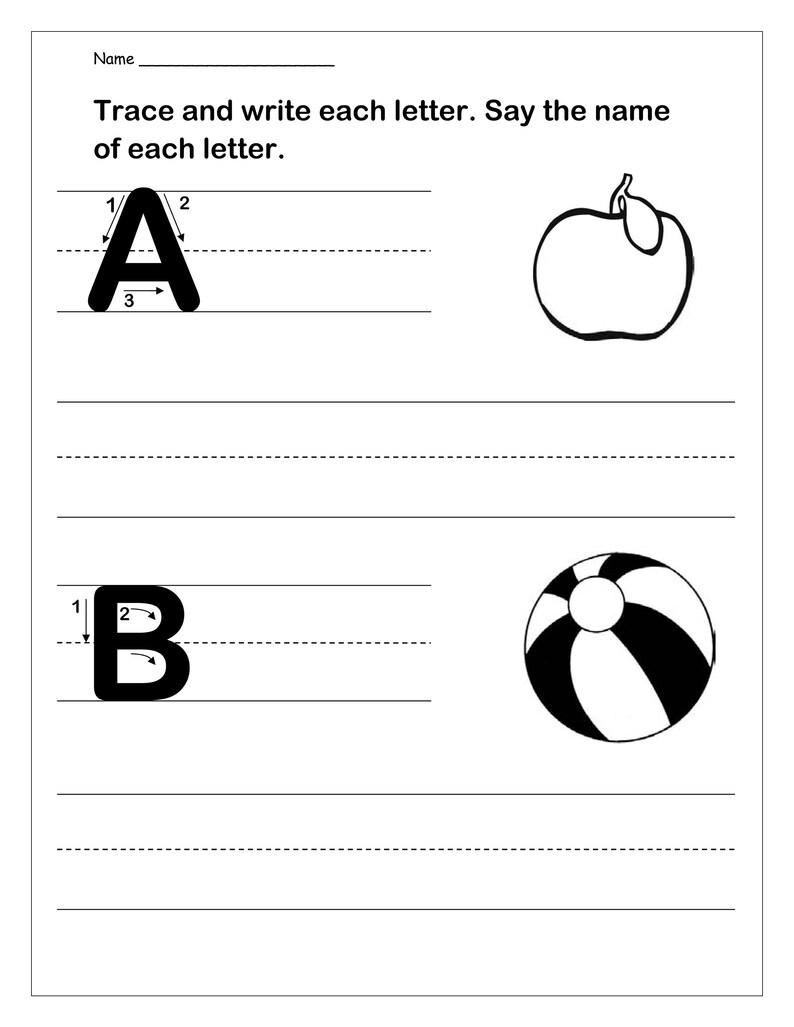 May include: A black and white educational worksheet titled Trace and write each letter. Say the name of each letter. It features the uppercase letter A with directional arrows, an apple illustration, the letter B, and a beach ball illustration.