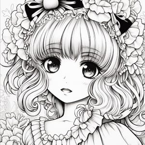 May include: A black and white line art illustration of a character with large eyes and wavy hair. The character wears a ruffled collar and a large headpiece adorned with multiple layered flowers and a prominent dark ribbon bow at the centre.