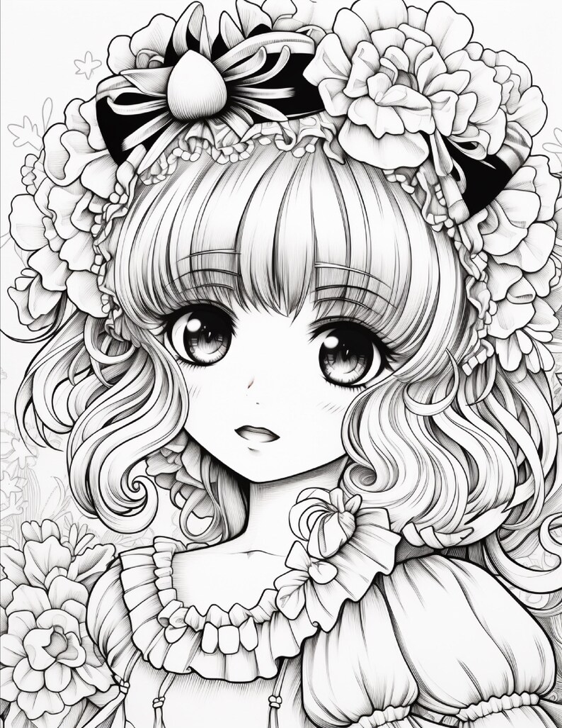 May include: A black and white line art illustration of a character with large eyes and wavy hair. The character wears a ruffled collar and a large headpiece adorned with multiple layered flowers and a prominent dark ribbon bow at the centre.