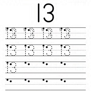 Peut inclure: Une feuille de travail &eacute;ducative blanche intitul&eacute;e Name et Number Tracing The Number 13. La page pr&eacute;sente un grand chiffre 13 noir en haut, suivi de quatre lignes d'entra&icirc;nement avec des contours en pointill&eacute;s du chiffre 13, des fl&egrave;ches.