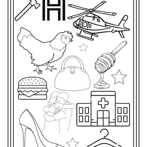 Puede incluir: Una p&aacute;gina para colorear en blanco y negro con la letra H, un martillo, un helic&oacute;ptero, una gallina, un bolso, un cazo para miel, una hamburguesa, una pareja abraz&aacute;ndose, un hospital, un zapato de tac&oacute;n, una percha y estrellas, marcada con el n&uacute;mero 16.