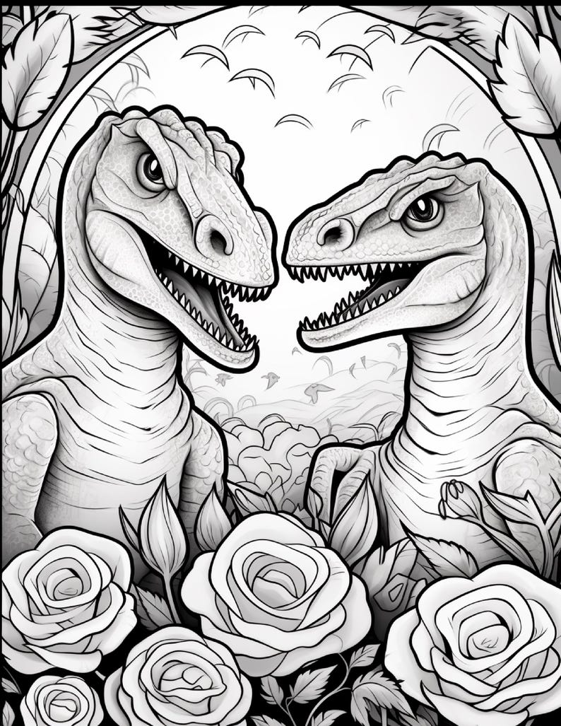 Pu&ograve; includere: Un'illustrazione in bianco e nero a tratto che raffigura due dinosauri raptor l'uno di fronte all'altro. I dinosauri sono circondati da rose dettagliate in primo piano e incorniciati da un bordo ad arco con motivi a foglie e uccelli.