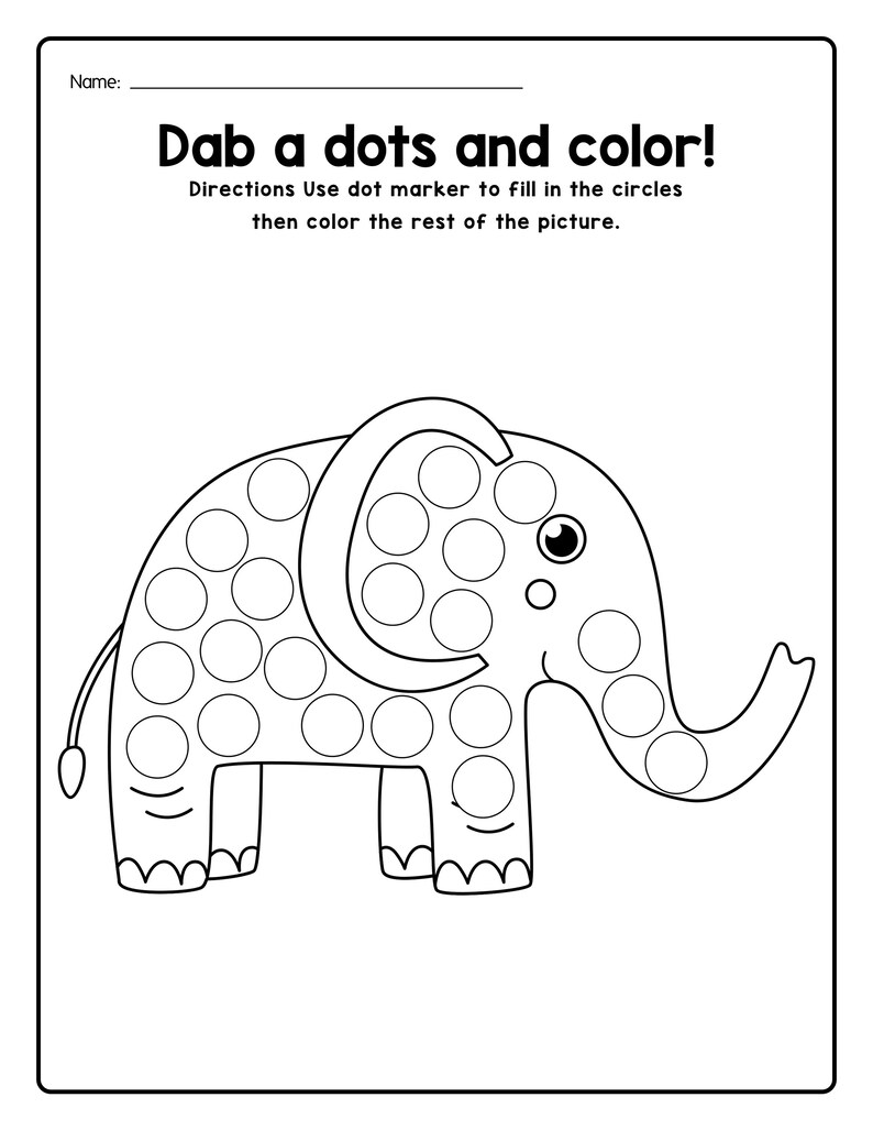 Peut inclure: Une feuille d'activit&eacute;s en noir et blanc intitul&eacute;e Dab a dots and color! pr&eacute;sentant une illustration au trait d'un &eacute;l&eacute;phant avec des espaces circulaires &agrave; remplir avec des marqueurs &agrave; points et des instructions pour colorier le reste.