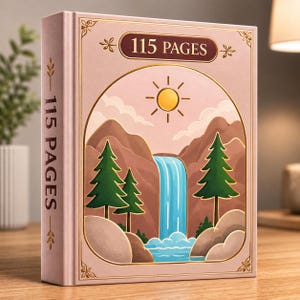Op de afbeelding: Een roze notitieboek met harde kaft en de tekst 115 PAGES op de voorzijde en de rug. De kaft toont een goudomlijnde illustratie van een zon, wolken, bruine bergen, een blauwe waterval en groene dennenbomen met rotsen aan de onderkant.