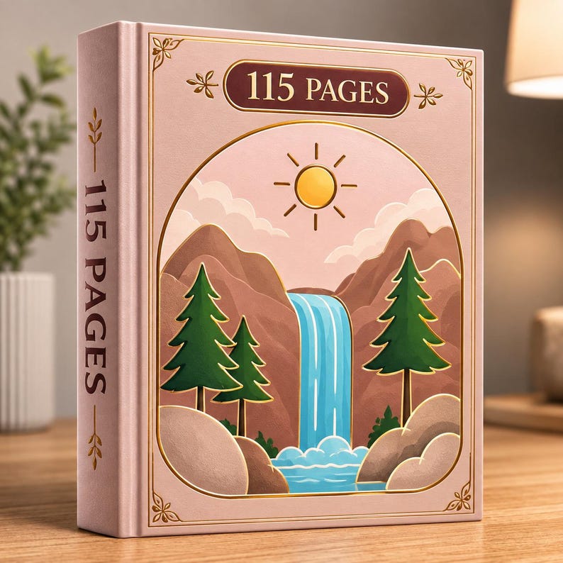 Op de afbeelding: Een roze notitieboek met harde kaft en de tekst 115 PAGES op de voorzijde en de rug. De kaft toont een goudomlijnde illustratie van een zon, wolken, bruine bergen, een blauwe waterval en groene dennenbomen met rotsen aan de onderkant.