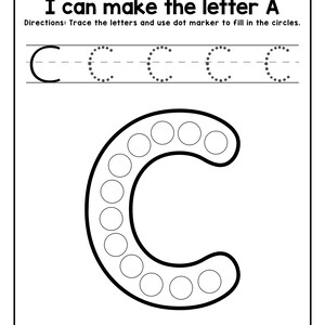 Peut inclure: Une feuille d'exercices &eacute;ducative en noir et blanc intitul&eacute;e I can make the letter A, avec une ligne de lettres C en pointill&eacute;s &agrave; tracer et un grand contour de la lettre C rempli de cercles vides, avec le texte C is for Cat en bas.