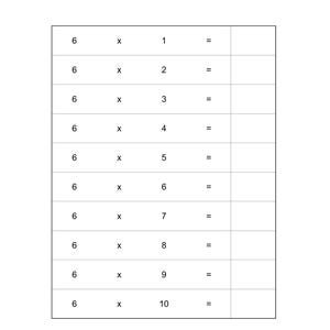 Peut inclure: Une fiche p&eacute;dagogique blanche intitul&eacute;e Math Tables pr&eacute;sentant une table de multiplication pour le chiffre six. Le tableau liste les &eacute;quations de six fois un &agrave; six fois dix, avec des cases vides &agrave; droite pour inscrire les r&eacute;sultats.