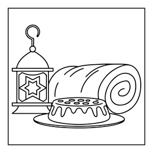 May include: A black and white line art illustration featuring a hanging lantern with a star cutout, a rolled fabric textile, and a small round dessert topped with circular decorations on a plate, all presented in a simple graphic style.