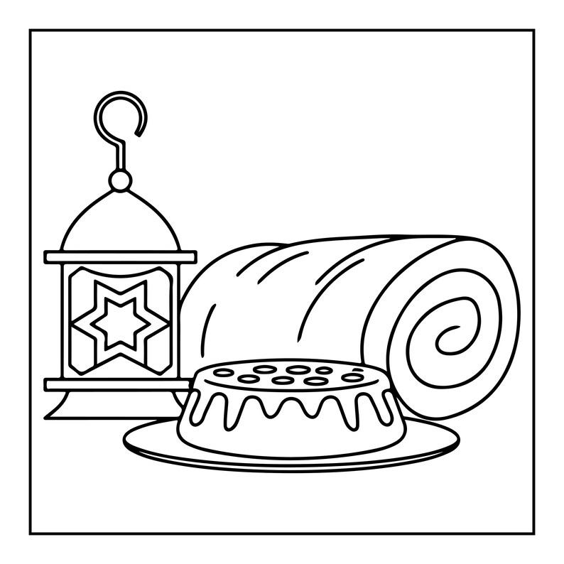May include: A black and white line art illustration featuring a hanging lantern with a star cutout, a rolled fabric textile, and a small round dessert topped with circular decorations on a plate, all presented in a simple graphic style.