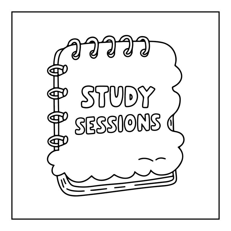 Puede incluir: Una ilustraci&oacute;n de arte lineal en blanco y negro de un cuaderno de espiral con una cubierta en forma de nube. El texto STUDY SESSIONS est&aacute; escrito en letras may&uacute;sculas negritas y redondeadas en el centro de la cubierta del cuaderno.