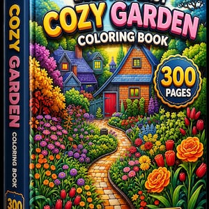 以下が含まれることがあります： 300ページのハードカバー塗り絵「Bold and Easy Cozy Garden Coloring Book」。表紙には、レンガの小道が家へと続き、色とりどりの花や木々、青い空に囲まれた鮮やかなイラストが描かれています。