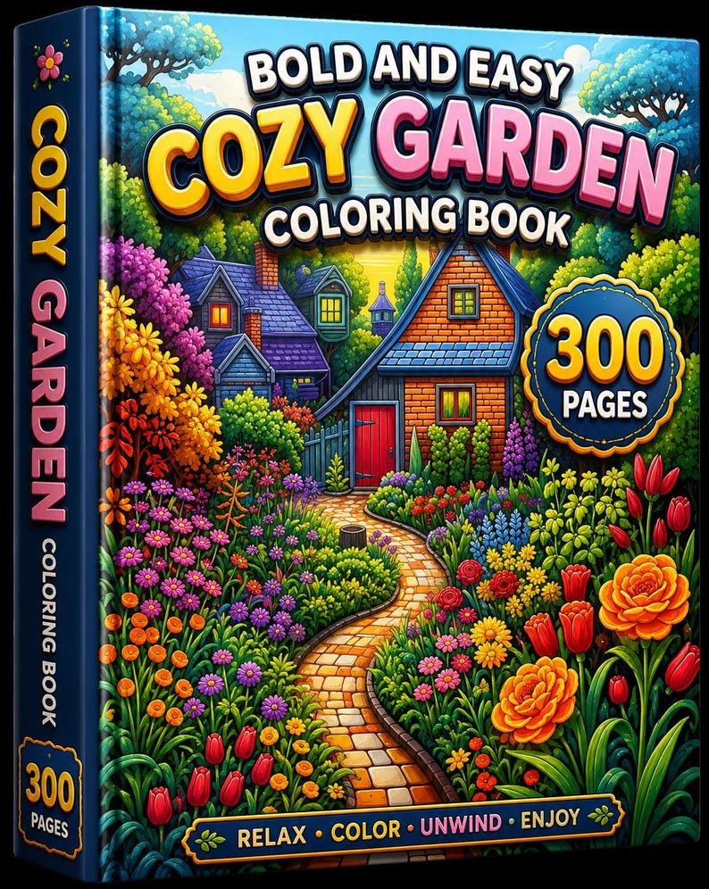 以下が含まれることがあります： 300ページのハードカバー塗り絵「Bold and Easy Cozy Garden Coloring Book」。表紙には、レンガの小道が家へと続き、色とりどりの花や木々、青い空に囲まれた鮮やかなイラストが描かれています。