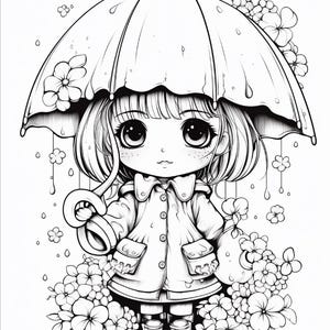以下が含まれることがあります： 大きな目と短い髪のキャラクターが、ボタン付きのレインコートとブーツを着用している白黒の線画イラスト。キャラクターは雨の中で傘を差し、花や葉の群れに囲まれている。