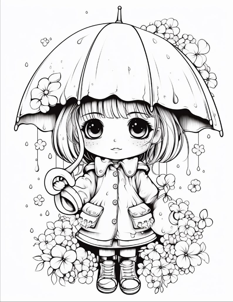 以下が含まれることがあります： 大きな目と短い髪のキャラクターが、ボタン付きのレインコートとブーツを着用している白黒の線画イラスト。キャラクターは雨の中で傘を差し、花や葉の群れに囲まれている。