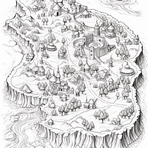 Pode incluir: Uma ilustra&ccedil;&atilde;o de arte linear em preto e branco de um mapa de ilha com uma fortaleza circular central, v&aacute;rias casas pequenas com telhados c&oacute;nicos, &aacute;rvores dispersas e terreno montanhoso. Um efeito de ondula&ccedil;&atilde;o de &aacute;gua aparece no canto superior direito.