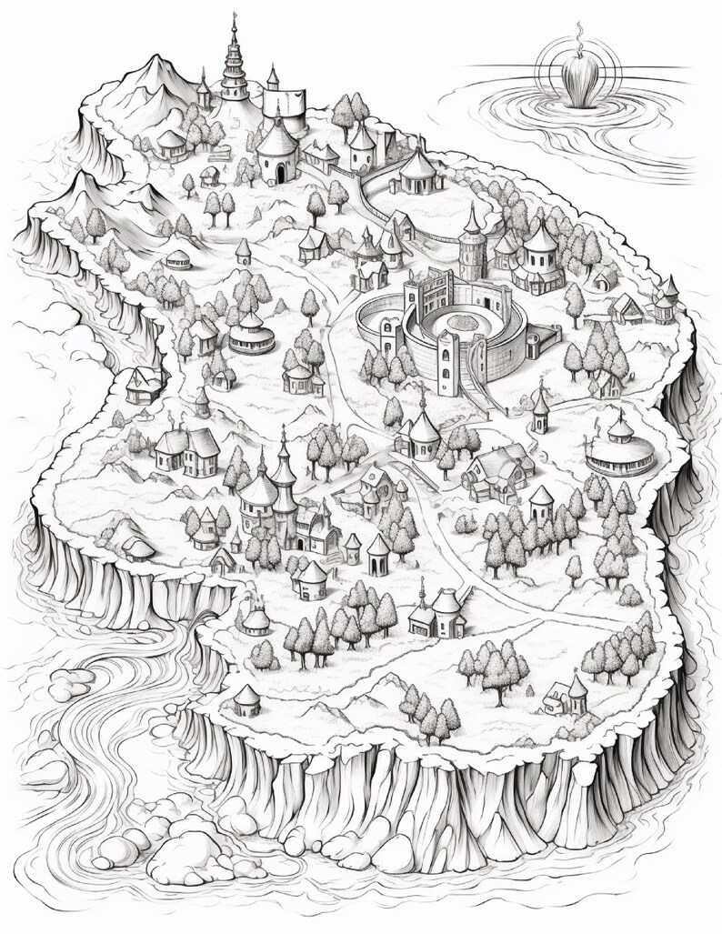 Pode incluir: Uma ilustra&ccedil;&atilde;o de arte linear em preto e branco de um mapa de ilha com uma fortaleza circular central, v&aacute;rias casas pequenas com telhados c&oacute;nicos, &aacute;rvores dispersas e terreno montanhoso. Um efeito de ondula&ccedil;&atilde;o de &aacute;gua aparece no canto superior direito.