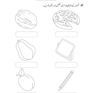 An Urdu practice worksheet with outline illustrations of various objects alongside blank boxes for writing the initial letter.