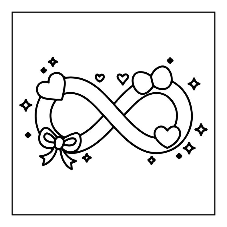 Pode incluir: Uma ilustra&ccedil;&atilde;o de arte linear em preto e branco de um s&iacute;mbolo de infinito. O design apresenta um la&ccedil;o decorativo no lado esquerdo, um segundo la&ccedil;o no canto superior direito e dois formatos de cora&ccedil;&atilde;o posicionados ao longo dos la&ccedil;os. Pequenas estrelas de quatro pontas cercam o s&iacute;mbolo.