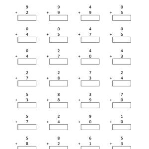 May include: A black and white educational worksheet titled Math - Addition Single Digit, featuring seven rows of four vertical addition problems. Each problem consists of two single-digit numbers stacked above a blank rectangular input box.