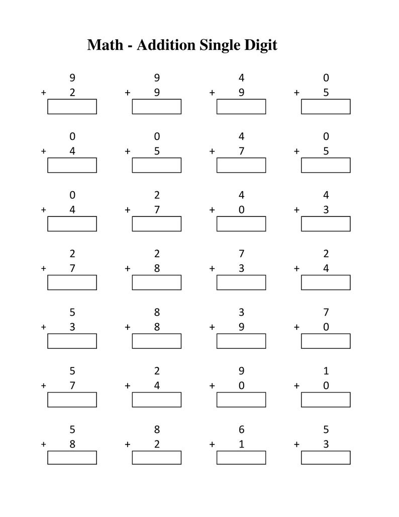 May include: A black and white educational worksheet titled Math - Addition Single Digit, featuring seven rows of four vertical addition problems. Each problem consists of two single-digit numbers stacked above a blank rectangular input box.