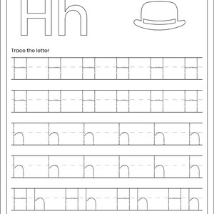 May include: A black and white educational worksheet titled Letter Tracing featuring the uppercase and lowercase letter Hh, a line drawing of a hat, and multiple rows of dotted lines for tracing the uppercase H and lowercase h characters.