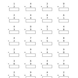 May include: A black and white educational worksheet titled Math - Addition Single Digit, featuring seven rows of four vertical addition problems. Each problem consists of two single-digit numbers stacked with a plus sign and an empty rectangular box.