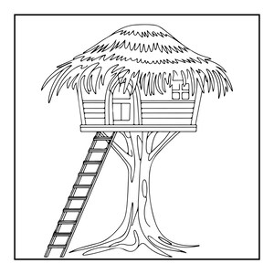 Peut inclure: Un dessin au trait noir et blanc repr&eacute;sentant une cabane dans les arbres avec un toit de chaume, une porte centrale et une petite fen&ecirc;tre. La structure est sur&eacute;lev&eacute;e sur un tronc d'arbre et accessible par une longue &eacute;chelle droite.